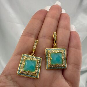 Anthropologie Vintage 18k Gold Plated Color Gold and Turquoise Square Earrings